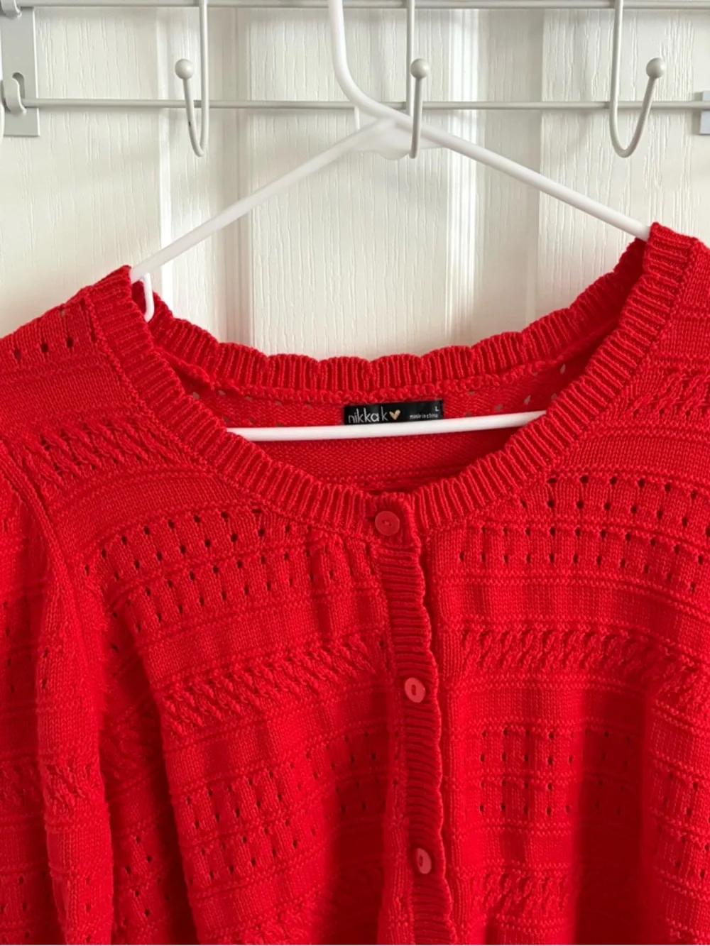 Bright Red Openwork Button-Front Cardigan Sweater - Picture 3 of 7